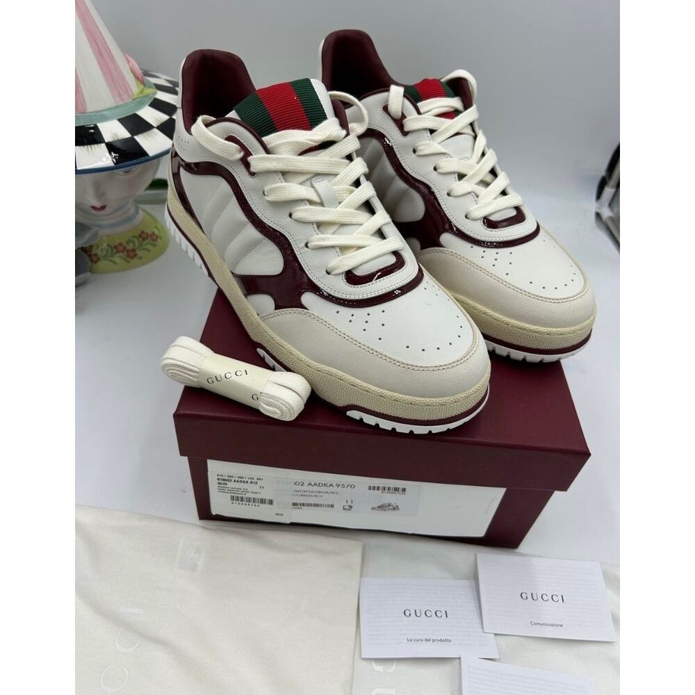 Men's Gucci re-web sneakers in white leather and patent trim sz 11 fits 11.5 US